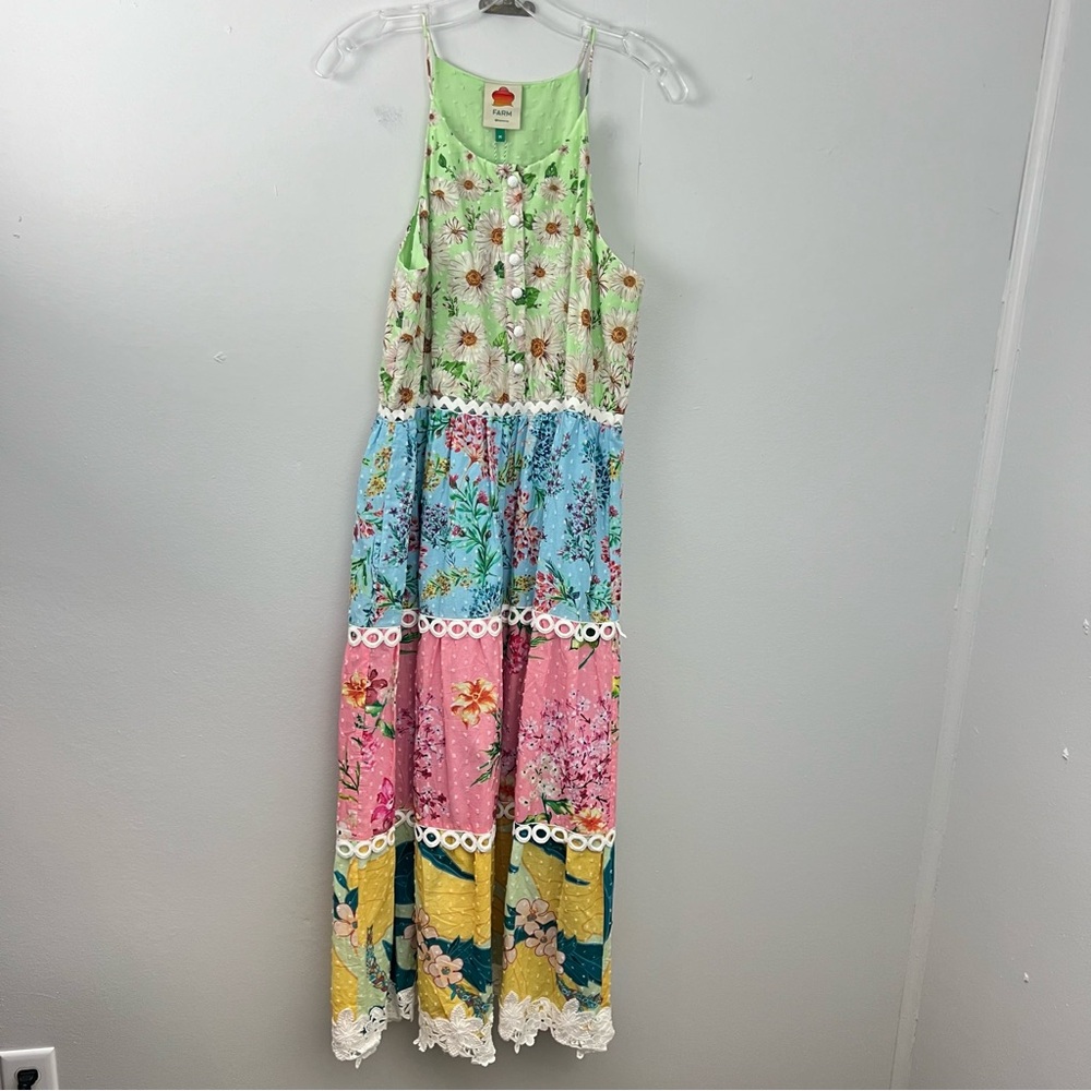 Farm Rio NWT Swiss Dot Mixed Floral MIDI Dress Multi Colored